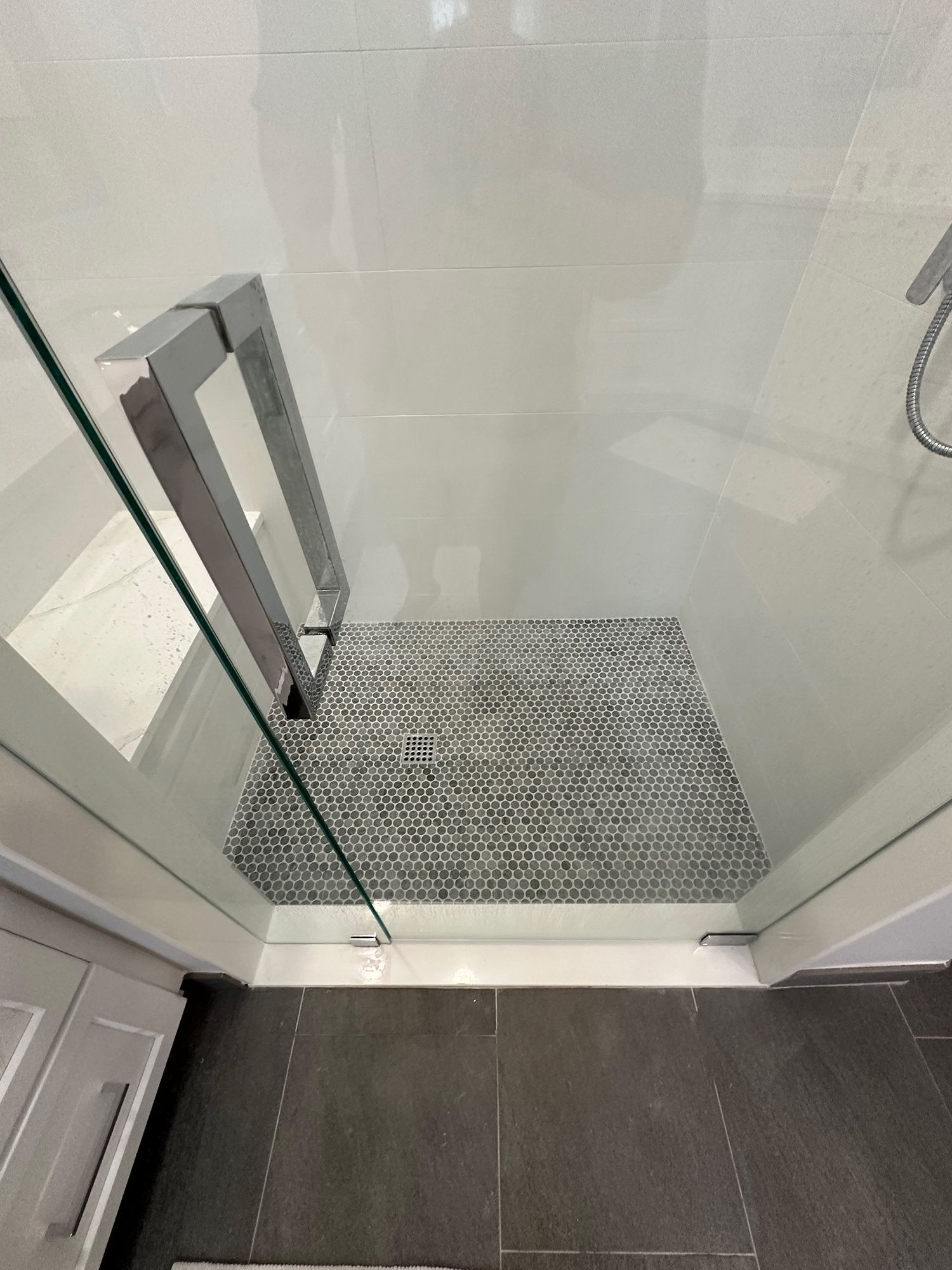 Shower with glass door, gray mosaic tile floor, white and gray tile walls, and stainless steel hardware.