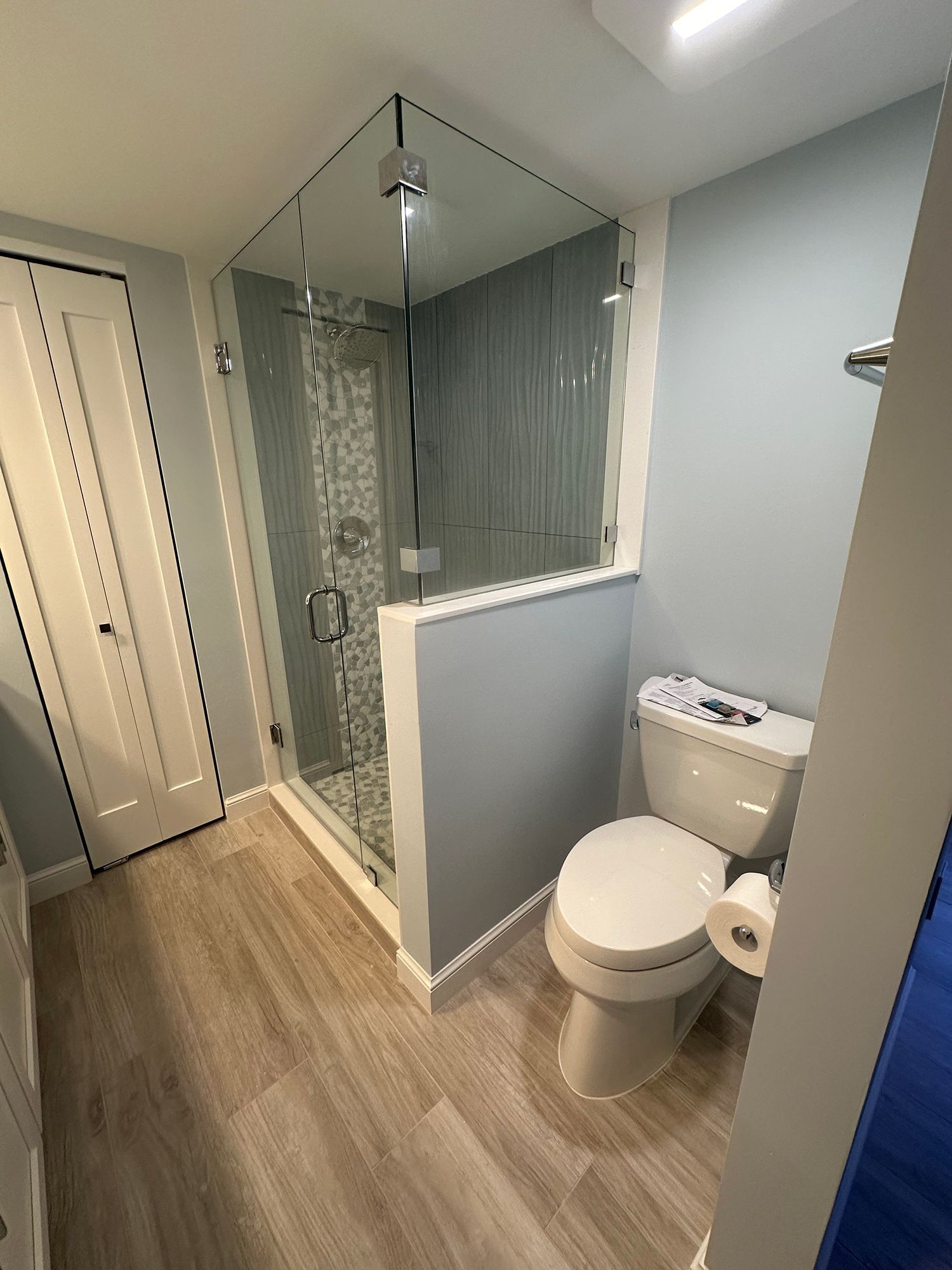 Bathroom with glass shower, toilet, and light blue walls.
