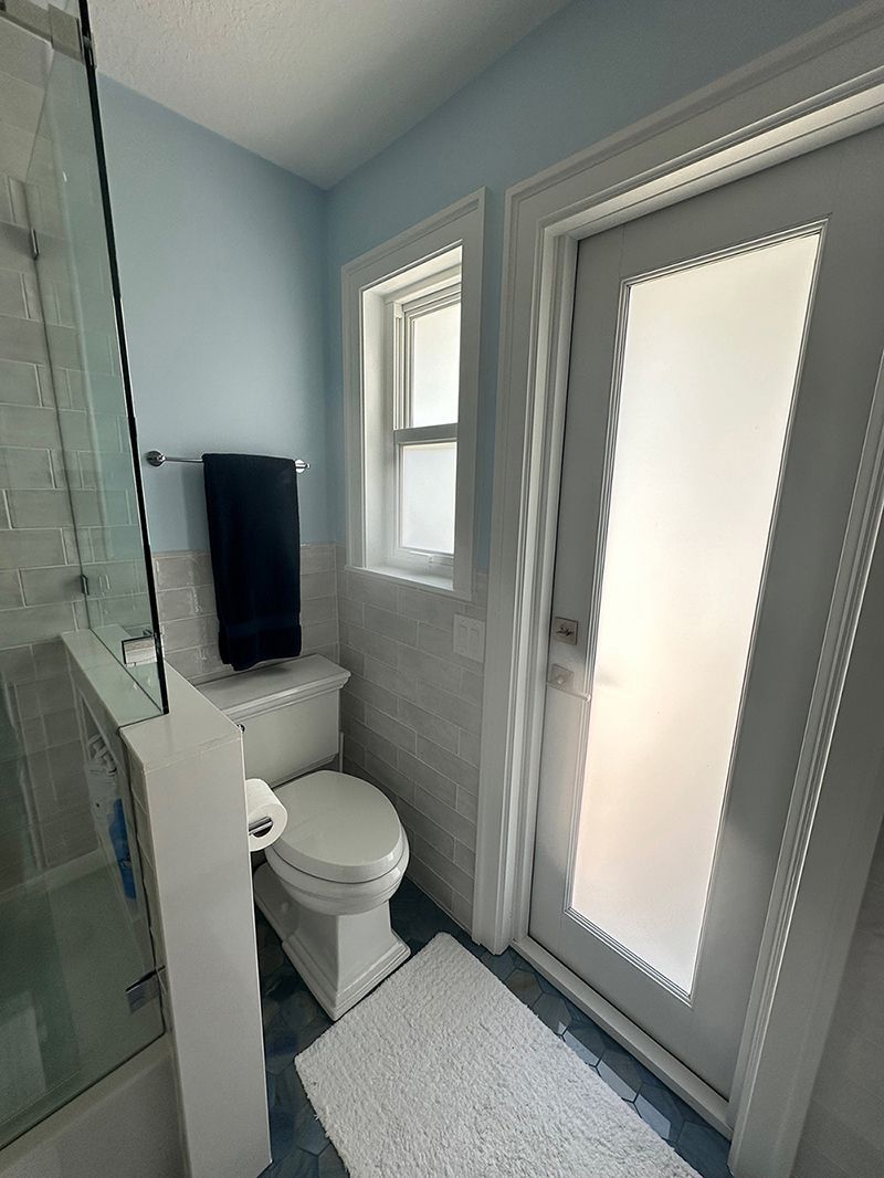 Bathroom with a toilet, shower, door, and window; blue walls, white trim, and a white rug.