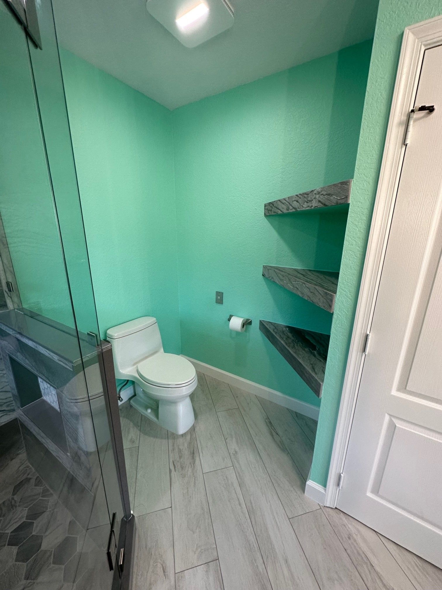 Bathroom with turquoise walls, white toilet, floating shelves, and glass shower door.