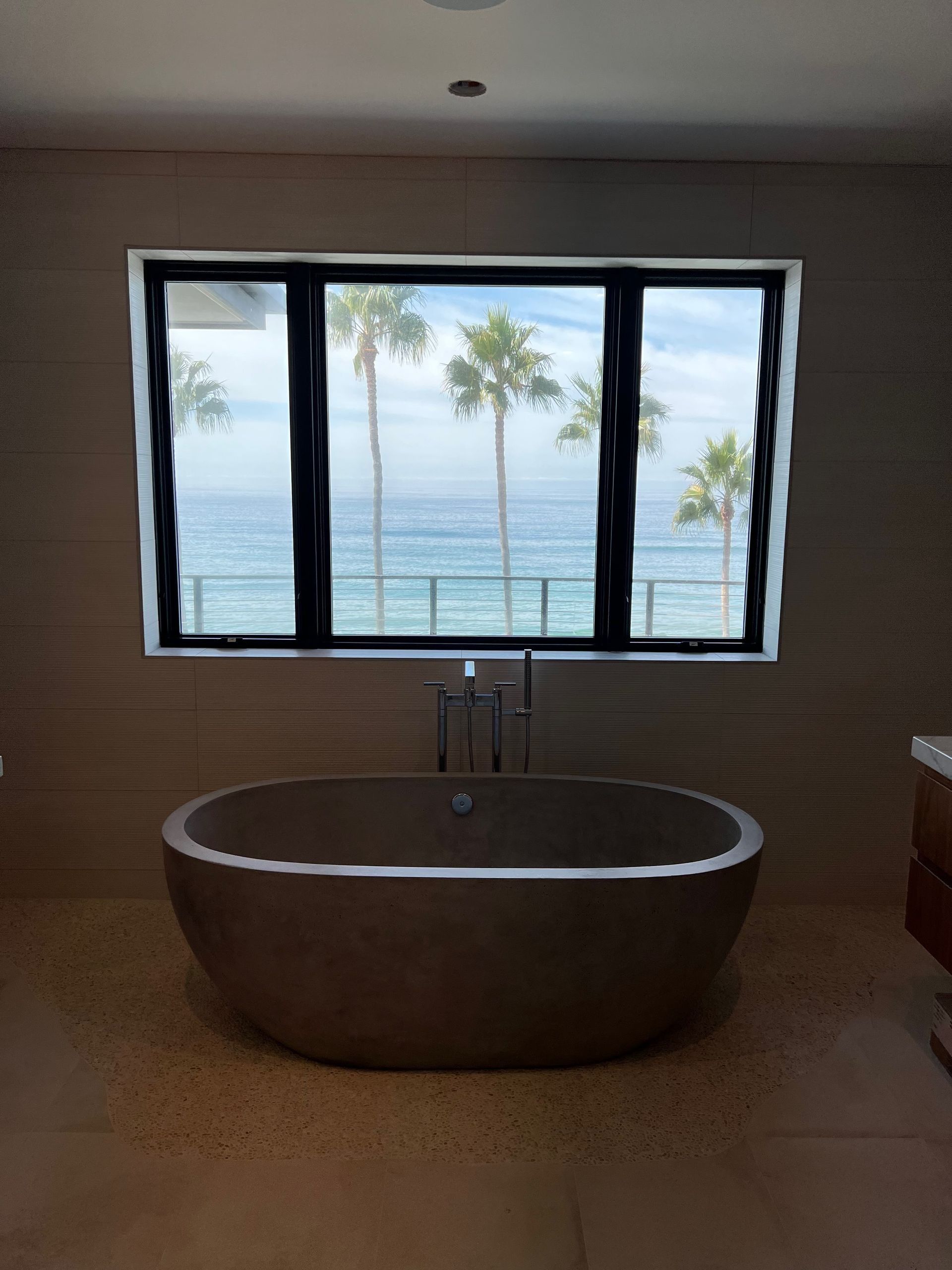 Bathroom with oval tub, view of ocean and palm trees through a black framed window.