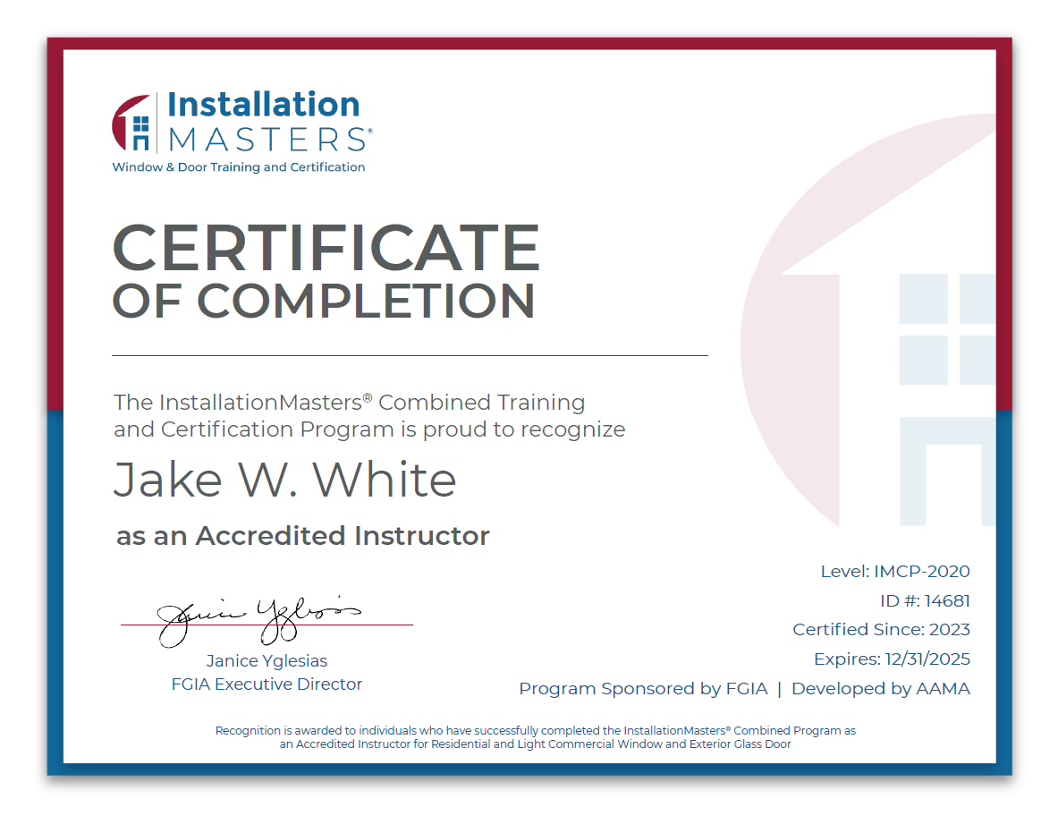 Certificate of completion from Installation Masters for Jake W. White as an accredited instructor.