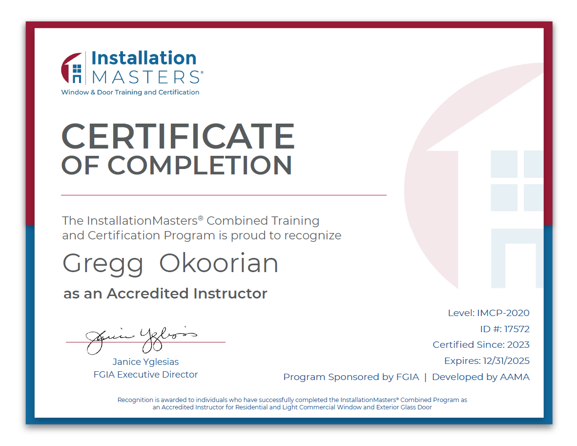 Certificate of Completion for Gregg Okoorian as an Accredited Instructor from Installation Masters.