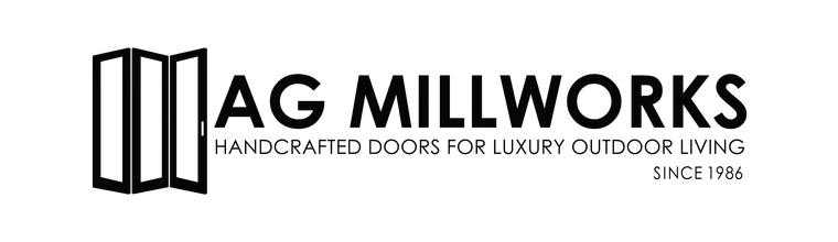 Logo for AG Millworks featuring stylized doors and company name. Handcrafted doors for luxury outdoor living and Since 1986 below.