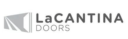 LaCantina Doors logo. Gray geometric design with company name in dark gray text and 