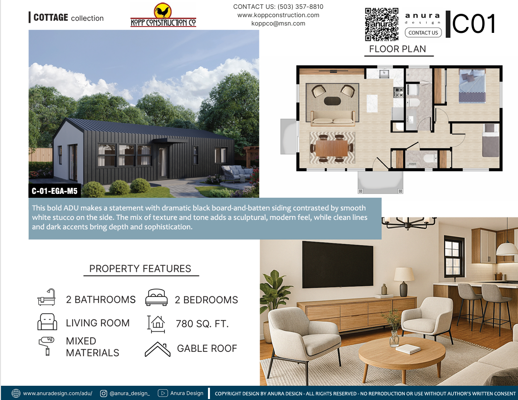 Brochure: Exterior, floor plan, and interior renders of a modern two-bedroom home with property features listed.