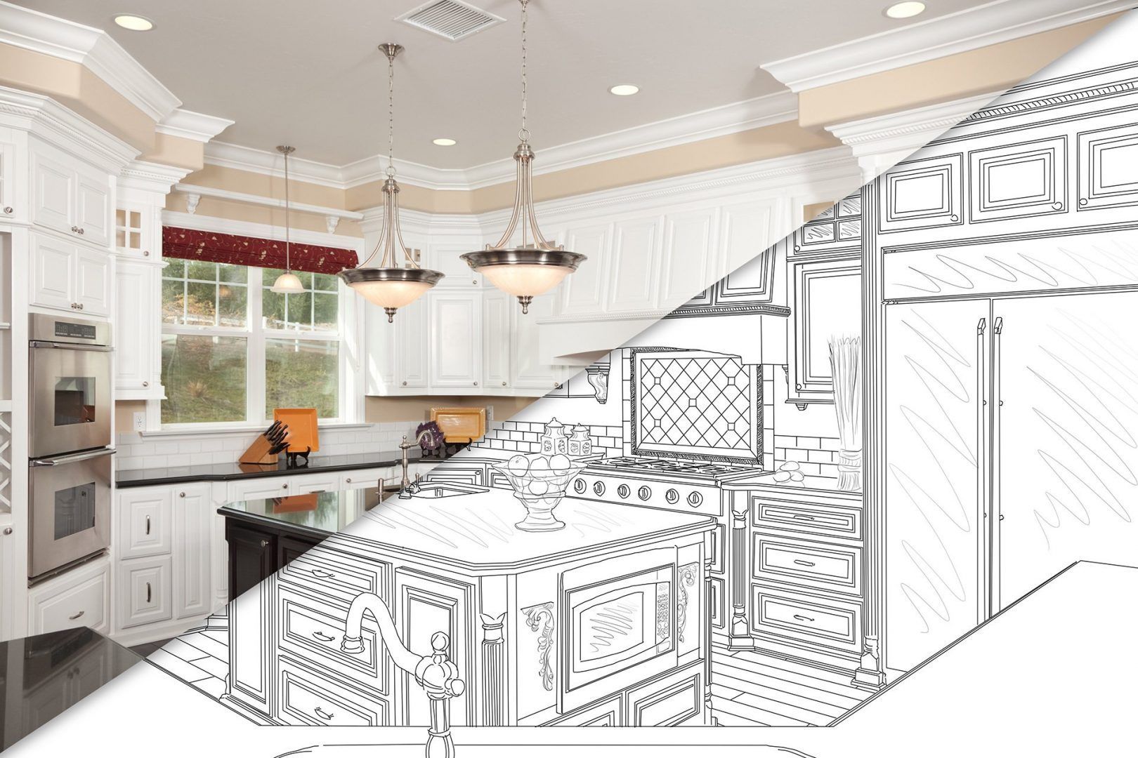 Kitchen design with a combined photo and sketch view.