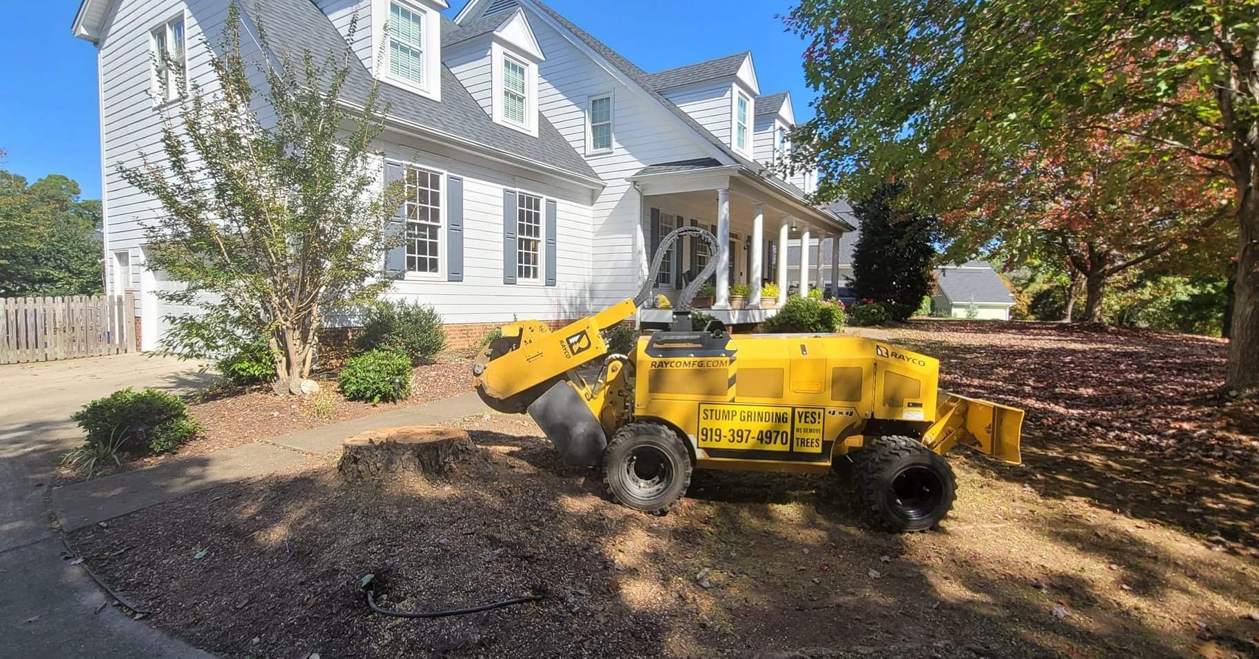 Yellow stump grinder grinding wood chips near a white house on a sunny day.