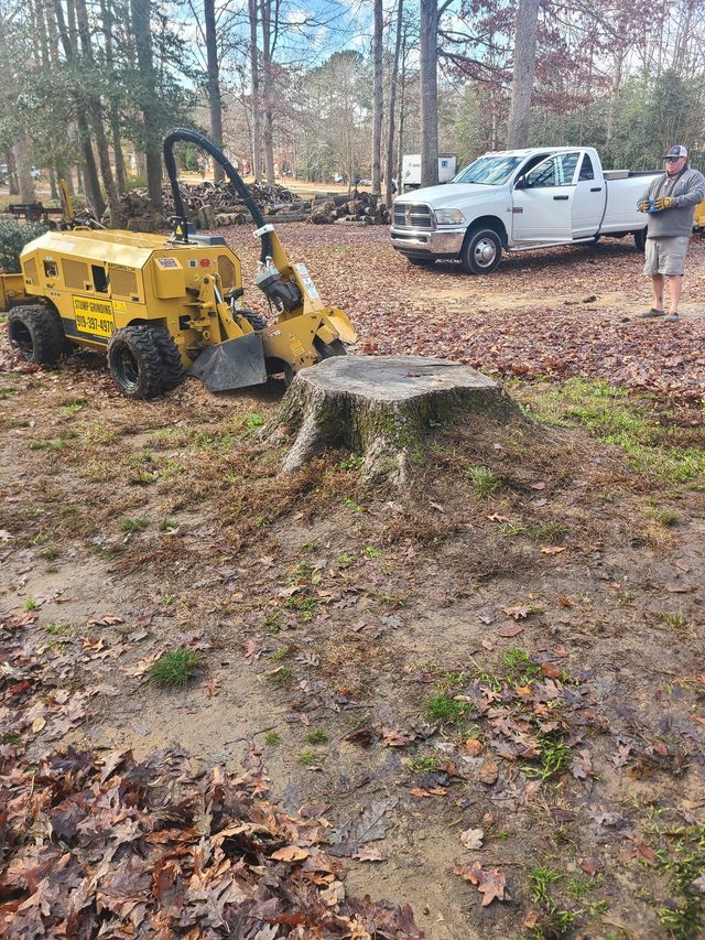 Yellow stump grinder at work on a tree stump, with a white pickup truck and person in the background.