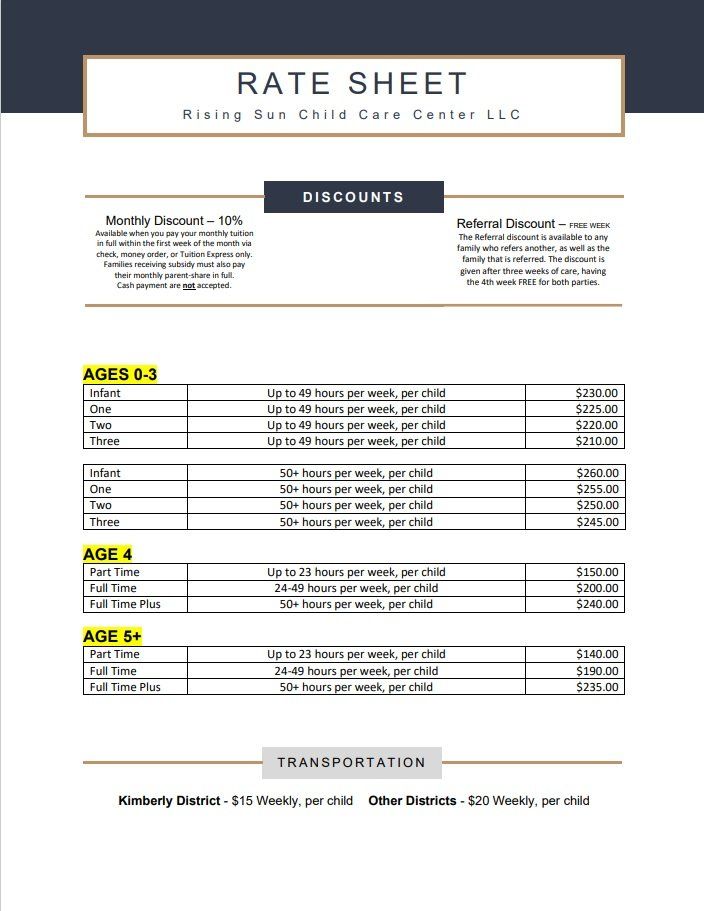 Daycare Rate Sheet Template