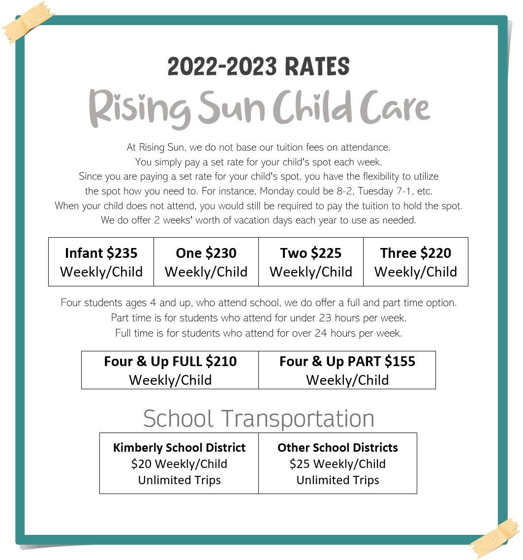 Child Care Rates Day Care Prices Kimberly, WI