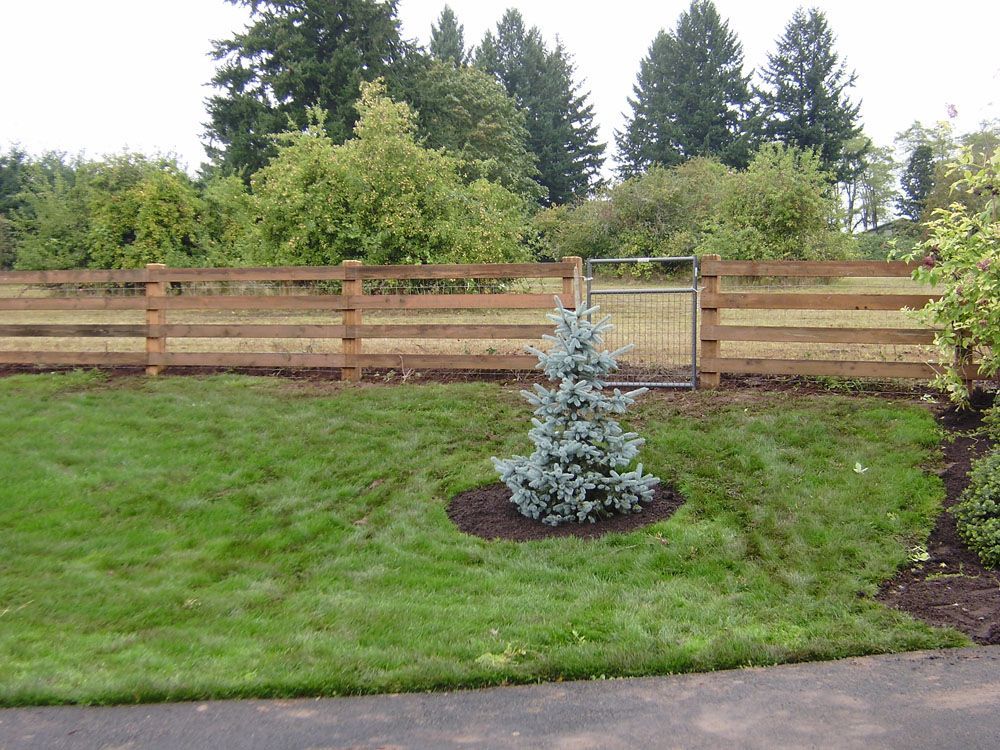 A wooden fence surrounds a lush green yard with trees in the background