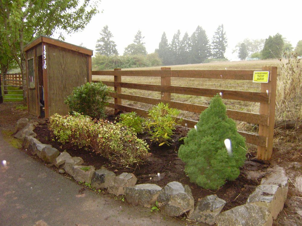 A wooden fence surrounds a garden with a shed in the background