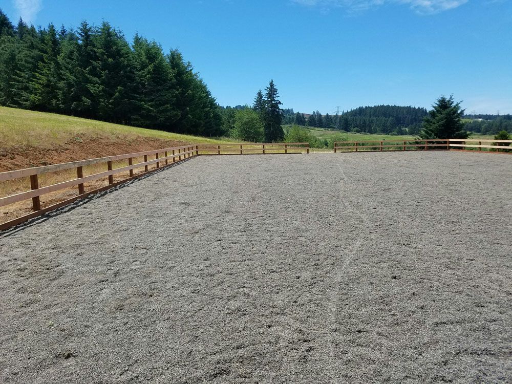 A dirt field with a wooden fence and trees in the background