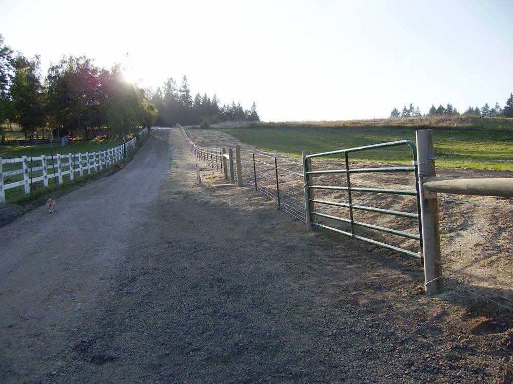 A dirt road with a white fence and a gate
