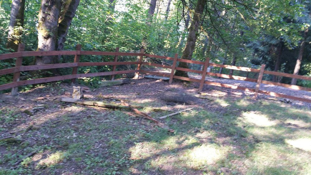 A wooden fence surrounds a grassy area in the middle of a forest