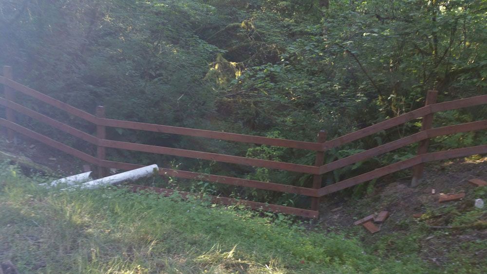 A wooden fence is surrounded by trees and grass