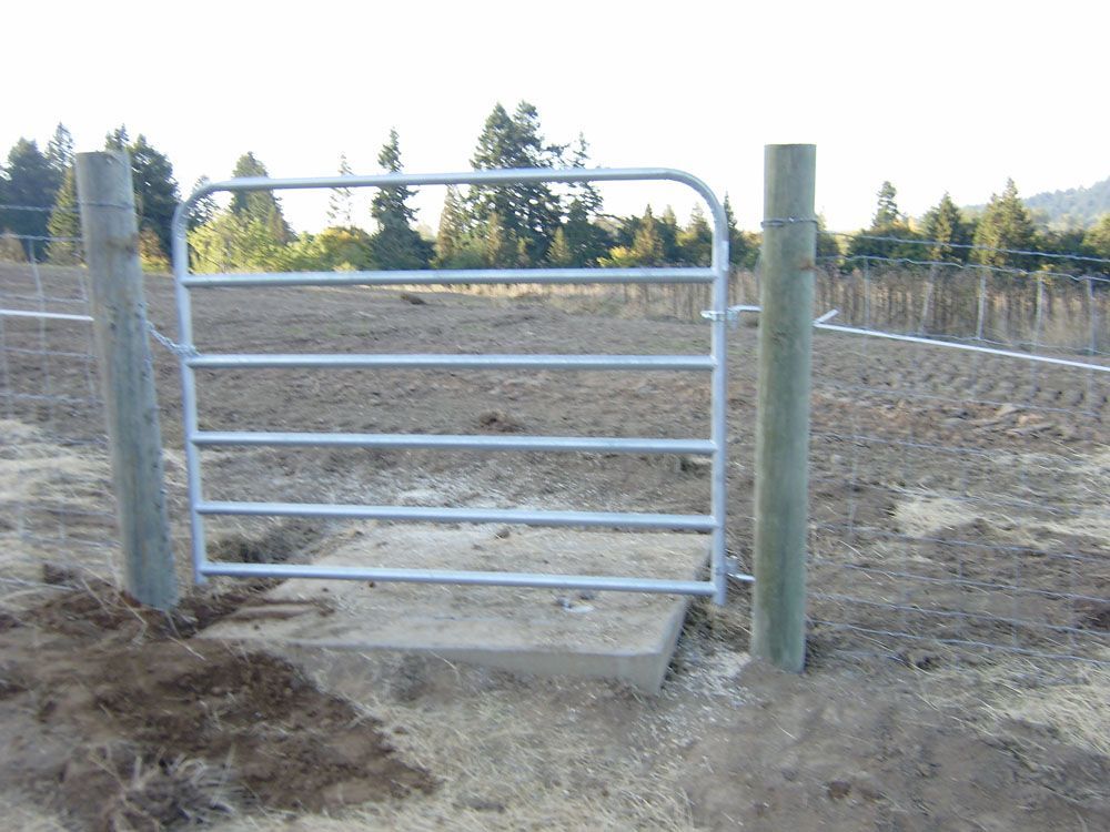 A metal gate is in the middle of a dirt field