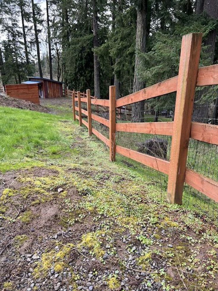 A wooden fence surrounds a grassy field with trees in the background