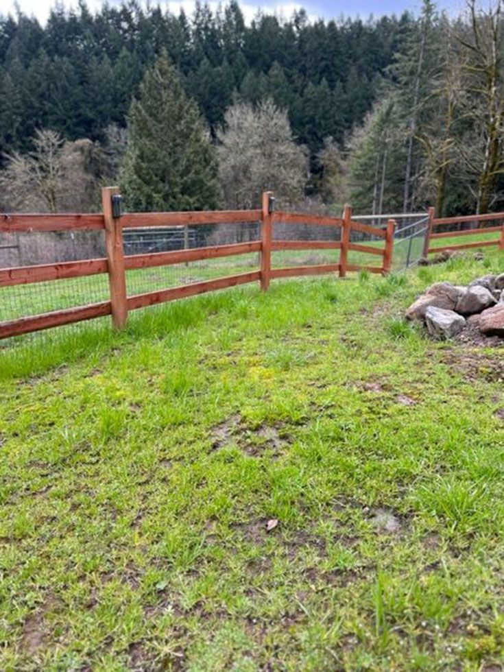 A wooden fence surrounds a grassy field