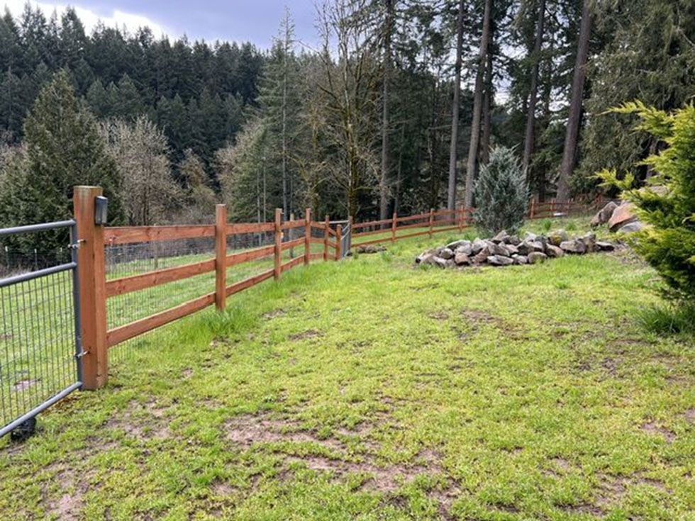 A sturdy wooden fence surrounds a grassy field