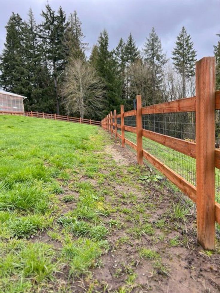 A well-built fence surrounds a grassy field with trees in the background