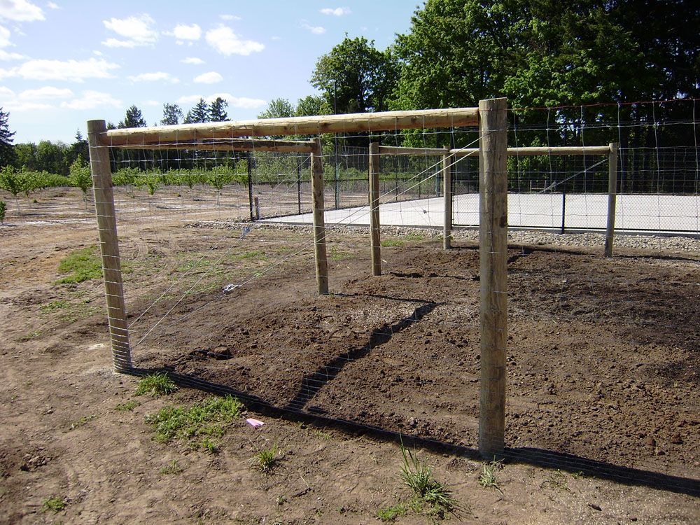 A wooden swing set in a dirt field with trees in the background