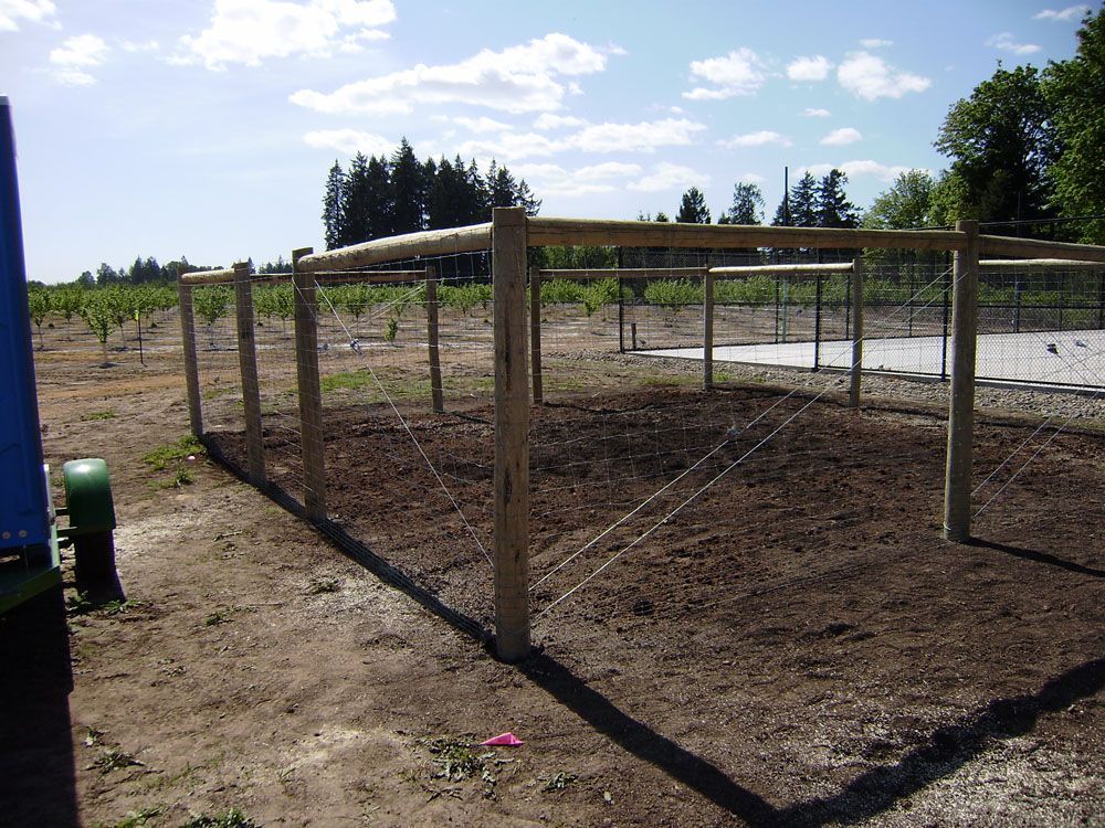 A wooden fence surrounds a dirt field with trees in the background