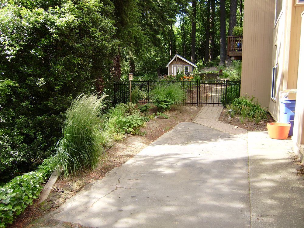 A fenced in yard with a shed in the background