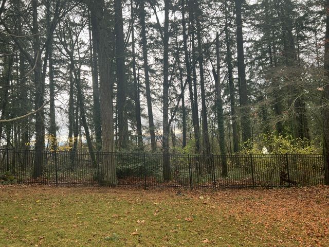 A backyard with a fence and trees in the background