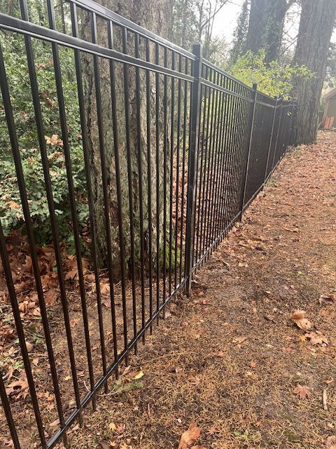 A black metal fence surrounds a dirt path in the woods