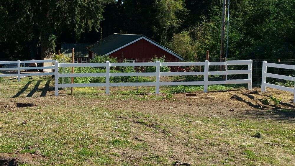 A white fence surrounds a grassy field with a red barn in the background