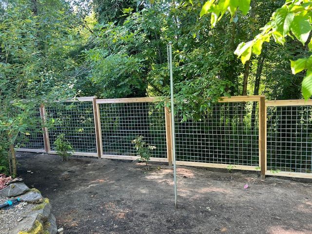 A wooden fence is surrounded by trees in a backyard