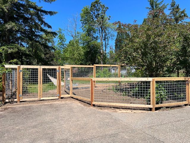A wooden fence with a metal mesh surrounding a yard