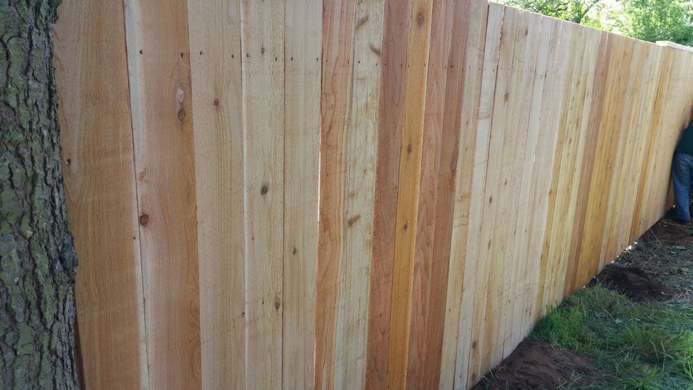 A wooden fence is sitting next to a tree