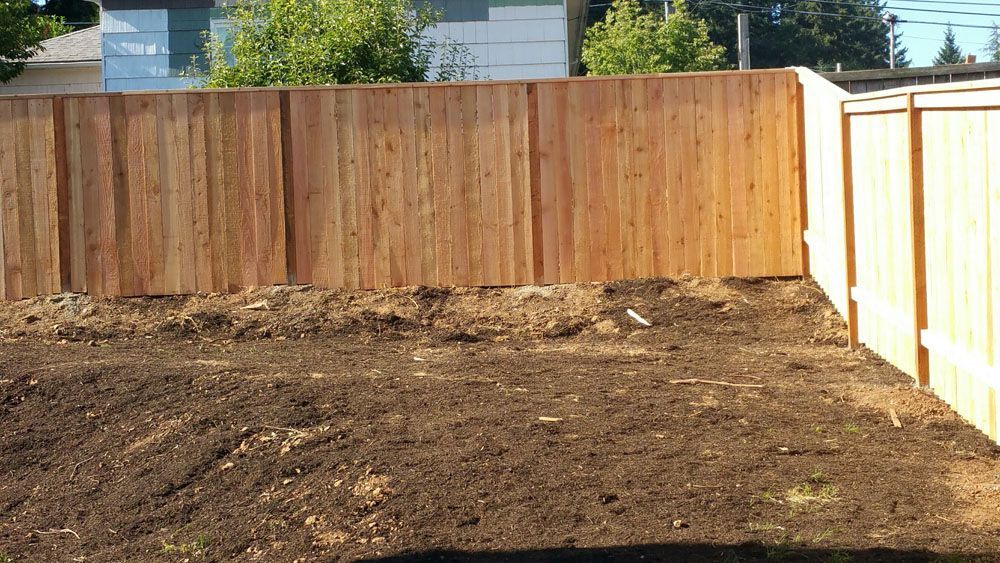 A wooden fence surrounds a dirt field in a backyard