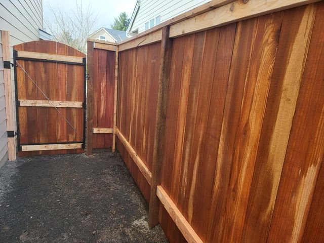 A wooden fence with a gate in the backyard of a house