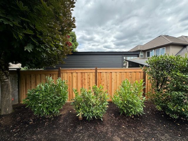 A wooden fence is surrounded by bushes and trees in a backyard