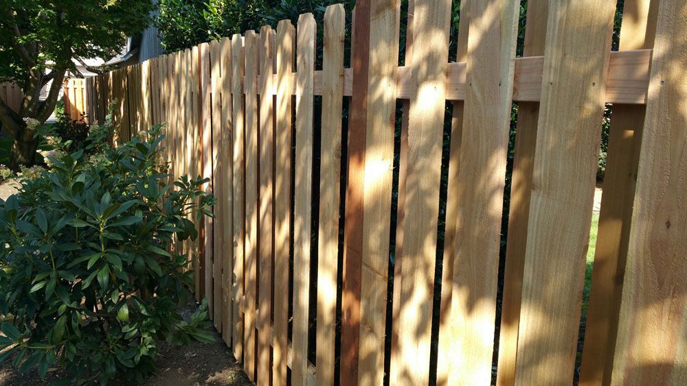 A wooden picket fence is surrounded by trees and bushes