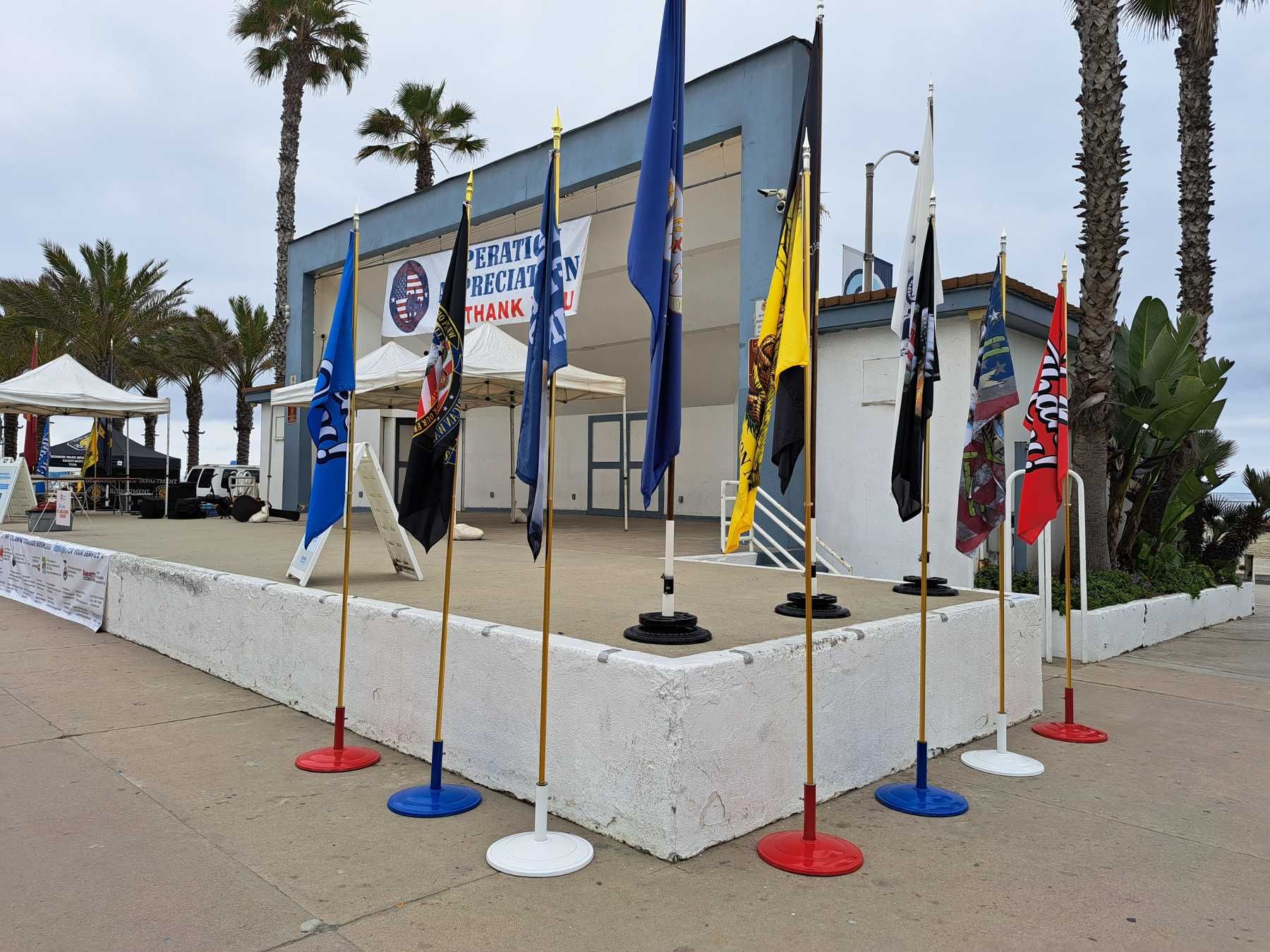 A bunch of flags are lined up in front of a building