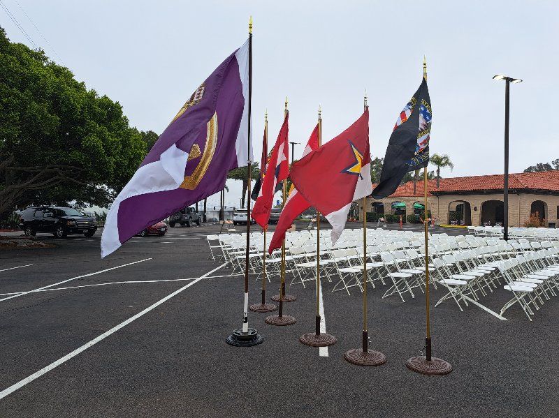 A group of flags are lined up in a parking lot