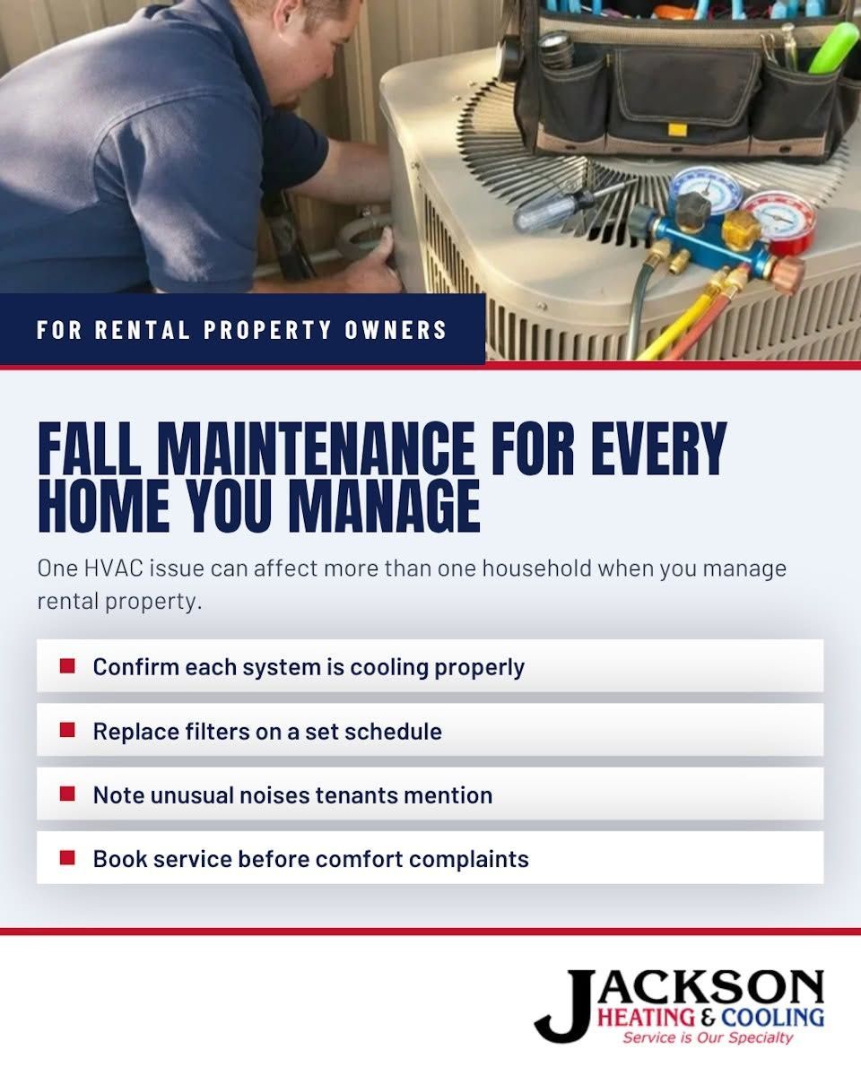 Fall home maintenance ad for rental property owners, with technician and HVAC tools, Jackson Heating & Cooling logo