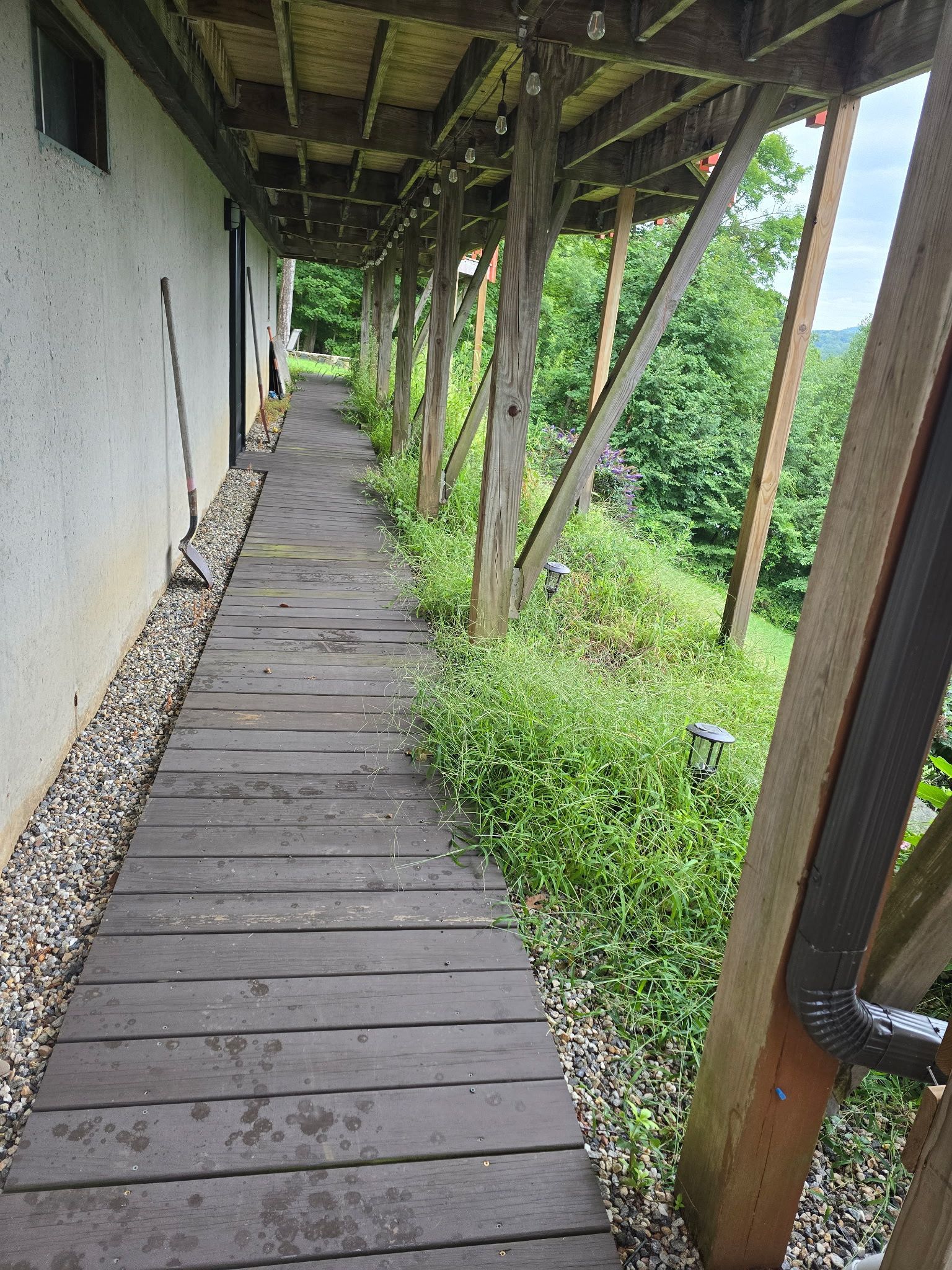 Narrow wooden walkway beside a white wall and green plants, with a covered roof and support posts.