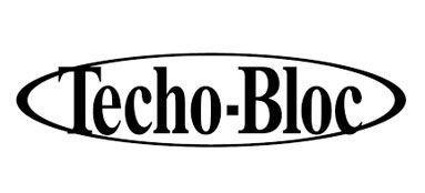 Techo-Bloc logo: black text inside a black oval on a white background.