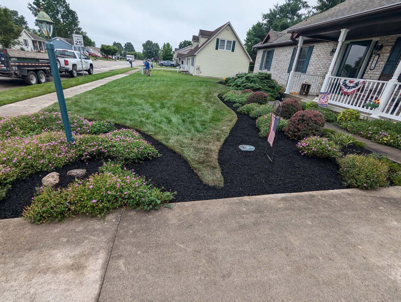 Well-manicured yard with dark mulch beds, green grass, and houses.