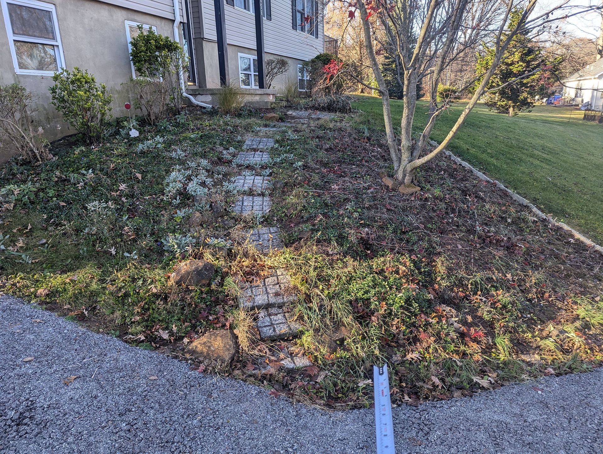A sloped front yard with a stone path overgrown with greenery, next to a house and a grassy hill.