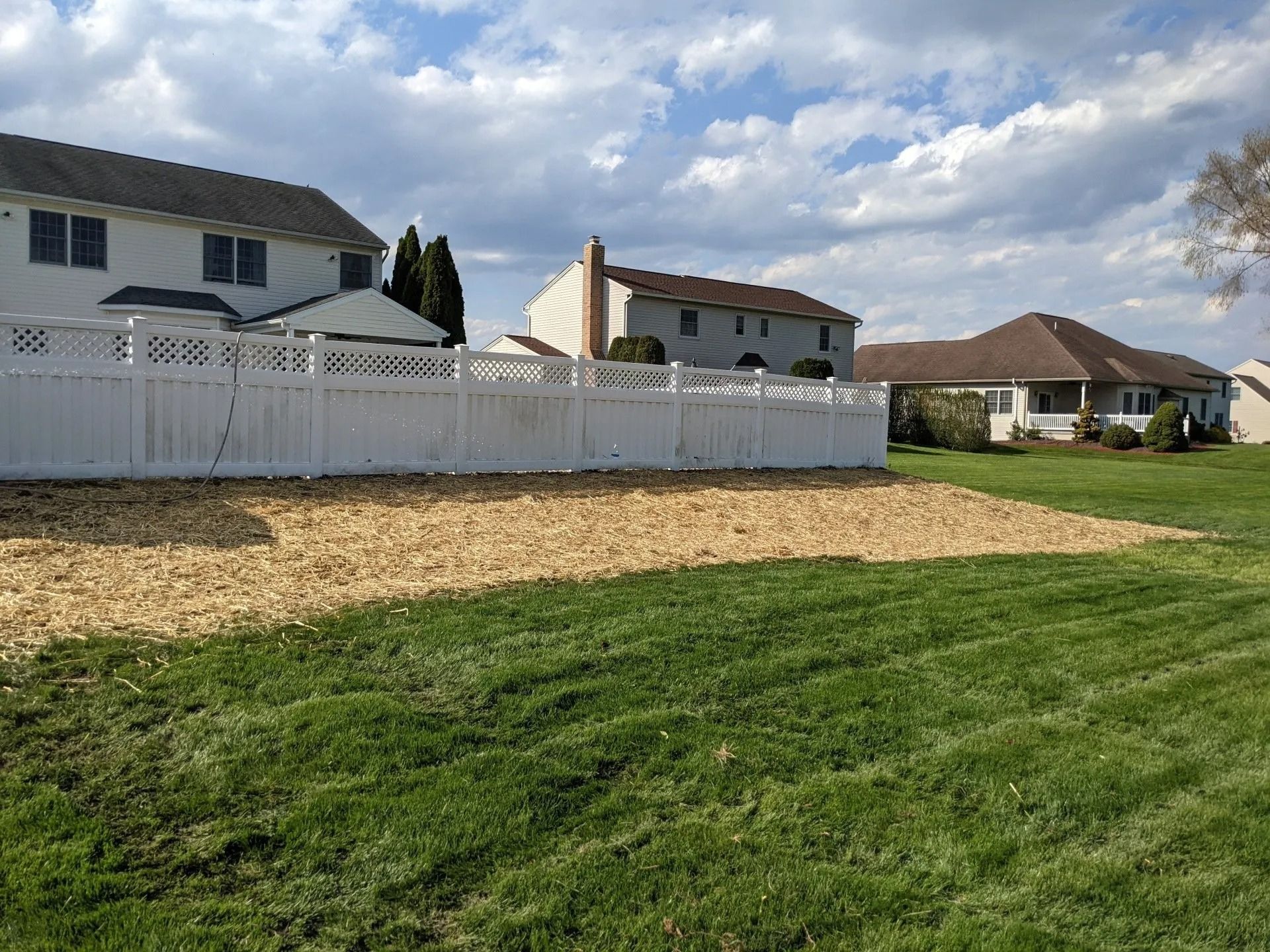 Green lawn in front of white fence, houses in background, wood chips on soil. Cloudy sky.