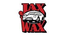 Logo for Jax Wax, a car detailing service, featuring a red and black design with a vintage car illustration.