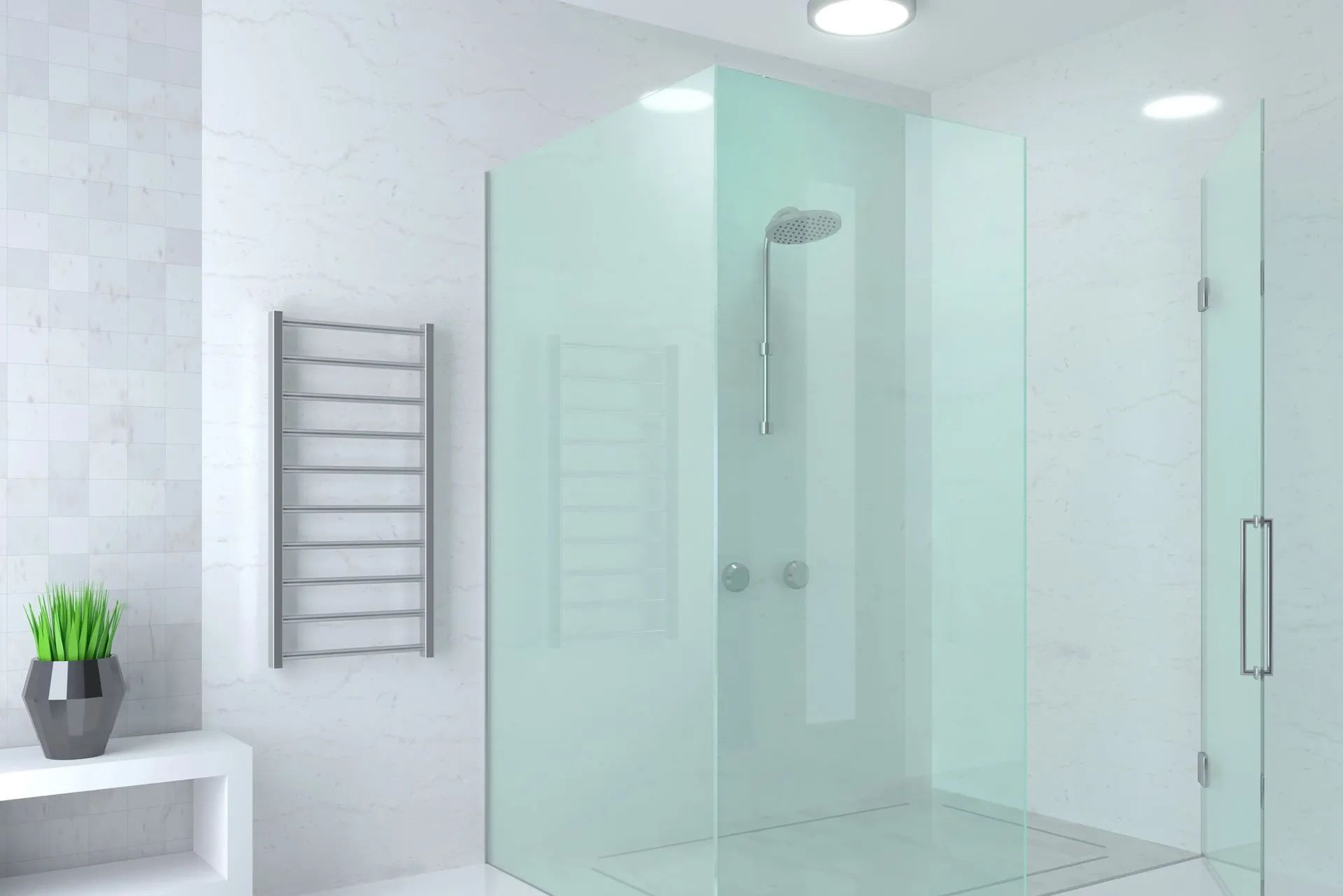 A bathroom with a walk in shower and a towel rack.