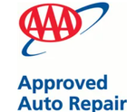 AAA Approved Auto Repair logo in red and blue text with orbiting blue and red emblem